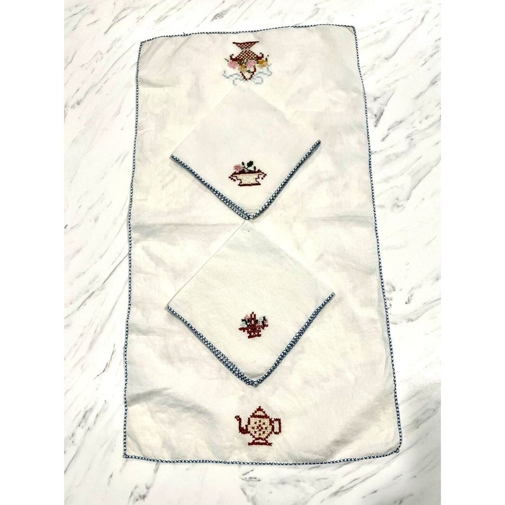 Vintage 2 Cocktail Napkins & Table Runner Cross Stitch Embroidery Teapot Floral - Picture 2 of 7